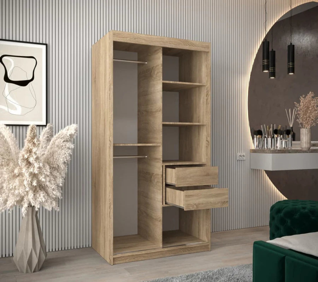 Tokyo 02 Contemporary Mirrored 2 Sliding Door Wardrobe 5 Shelves 2 Rails Oak Sonoma Effect