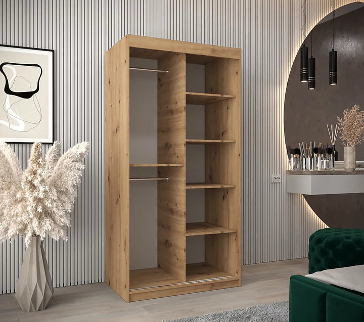 Tokyo 02 Contemporary Mirrored 2 Sliding Door Wardrobe 5 Shelves 2 Rails Oak Artisan Effect