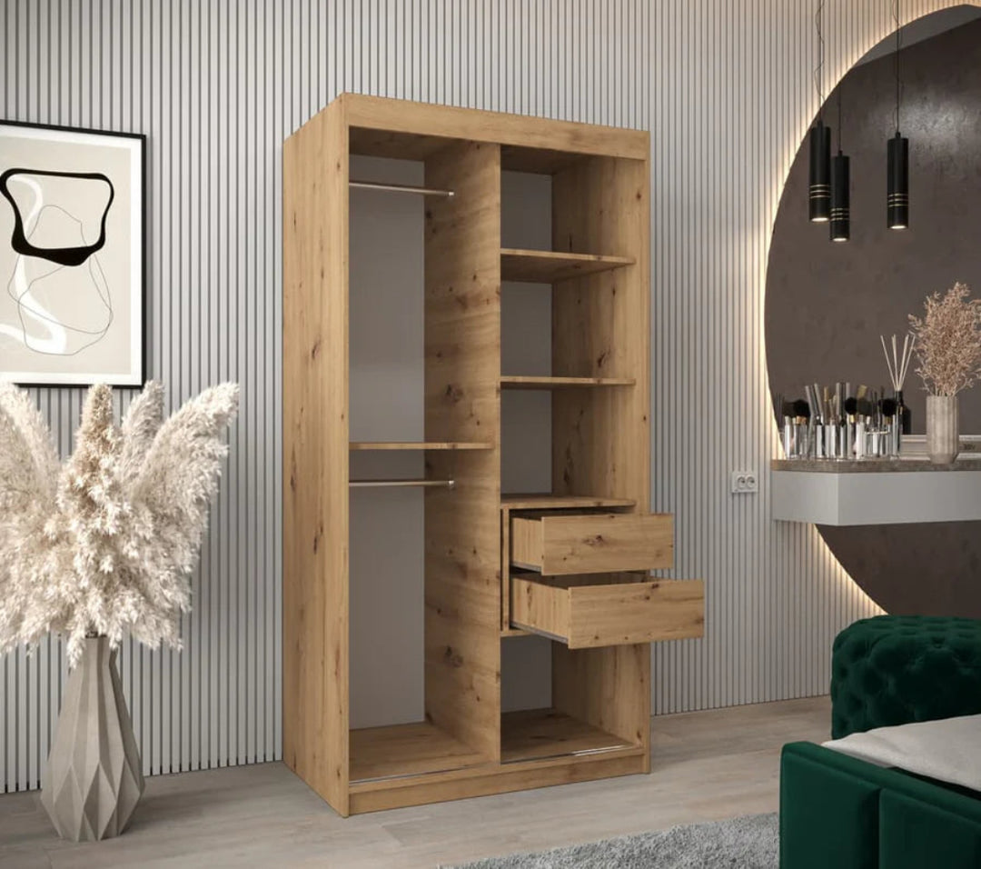 Tokyo 02 Contemporary Mirrored 2 Sliding Door Wardrobe 5 Shelves 2 Rails Oak Artisan Effect