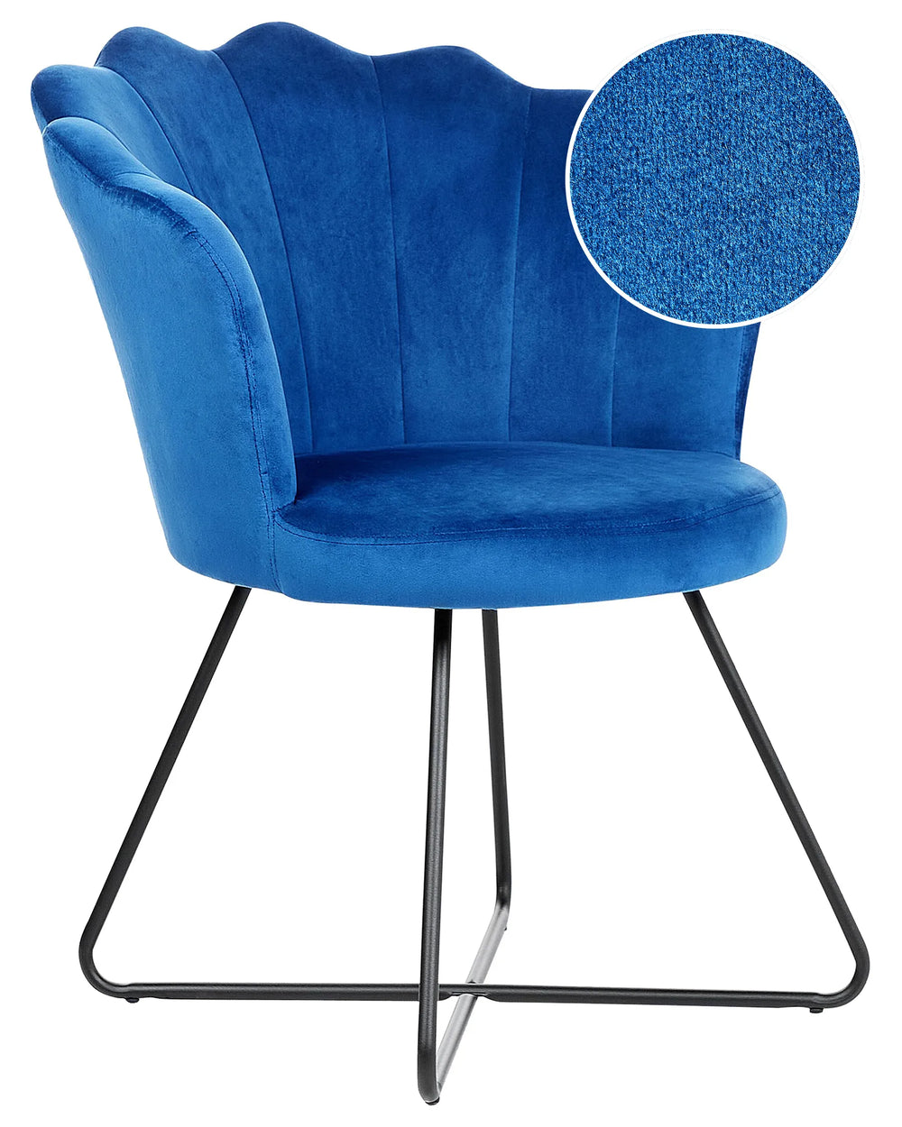 Blue velvet chair with black metal legs on a white background