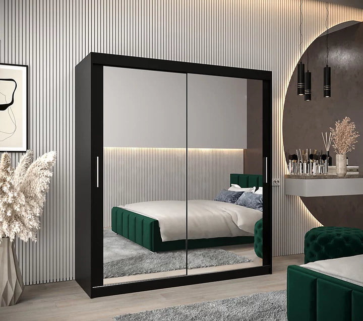 Tokyo 03 Contemporary Mirrored 2 Sliding Door Wardrobe 9 Shelves 2 Rails Black Matt