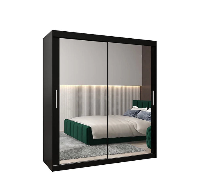 Tokyo 03 Contemporary Mirrored 2 Sliding Door Wardrobe 9 Shelves 2 Rails Black Matt