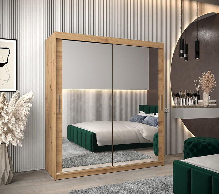 Tokyo 03 Contemporary Mirrored 2 Sliding Door Wardrobe 9 Shelves 2 Rails Oak Artisan Effect