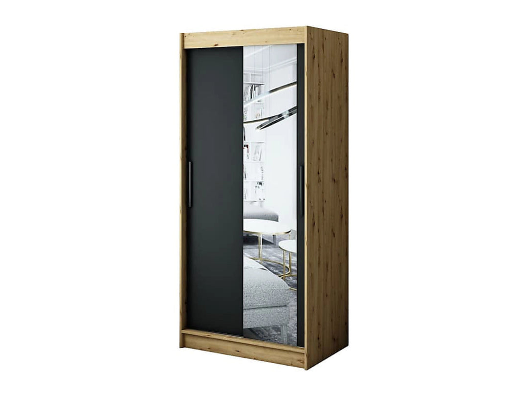 Leto T2 Contemporary 2 Sliding Mirror Door Wardrobe 5 Shelves 2 Rails Black Matt and Oak Effect 