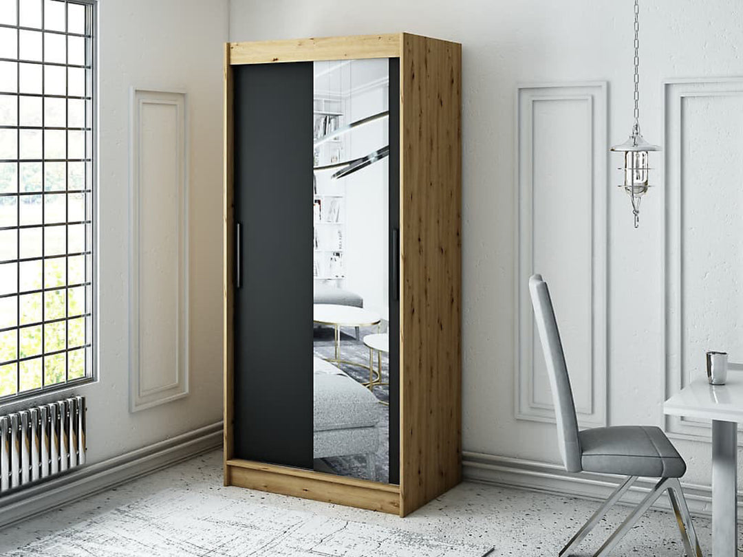 Leto T2 Contemporary 2 Sliding Mirror Door Wardrobe 5 Shelves 2 Rails Black Matt and Oak Effect 