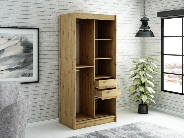 Leto T2 Contemporary 2 Sliding Mirror Door Wardrobe 5 Shelves 2 Rails Black Matt and Oak Effect