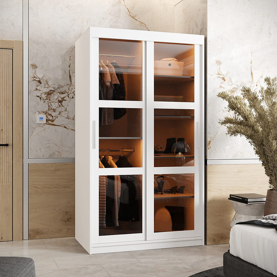 Parma 100cm Sliding Door Wardrobe in Crisp White - Space-Saving Storage with Smoked Glass Panels
