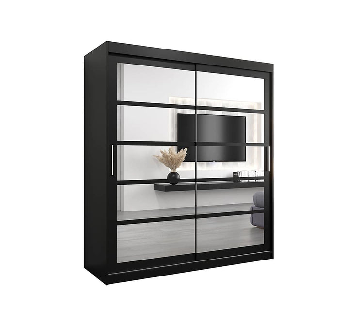 Roma II Black Modern Sliding Door Wardrobe with Mirrored Panels and Silver Handles