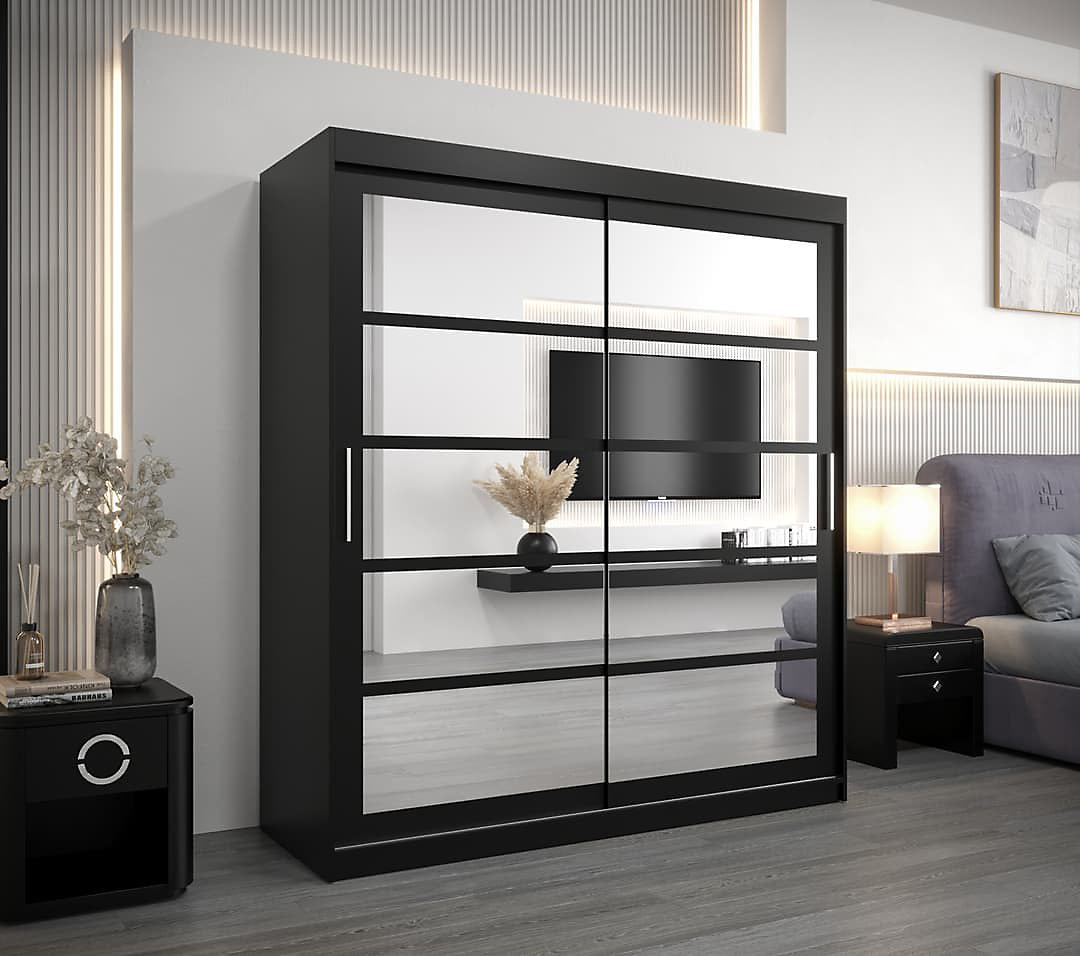 Roma II Black Modern Sliding Door Wardrobe with Mirrored Panels and Silver Handles