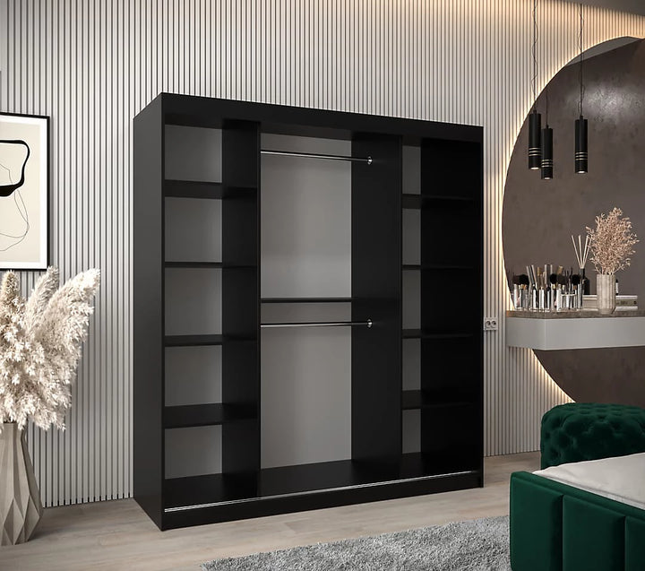 Roma II Black Modern Sliding Door Wardrobe with Mirrored Panels and Silver Handles