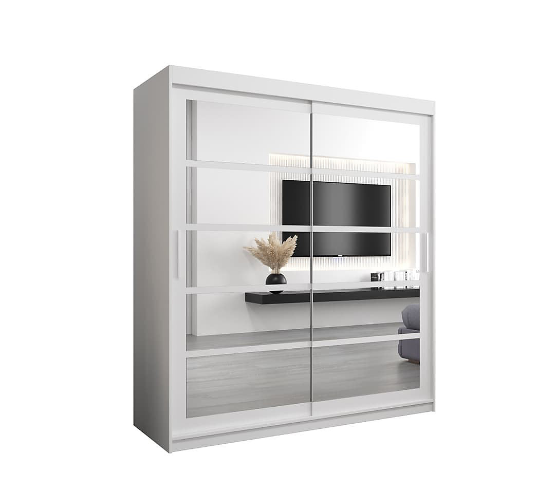 Roma II White Elegant Sliding Door Wardrobe with Mirrored Panels and Silver Handles