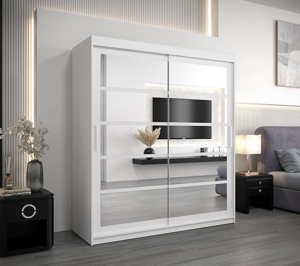 Roma II White Elegant Sliding Door Wardrobe with Mirrored Panels and Silver Handles