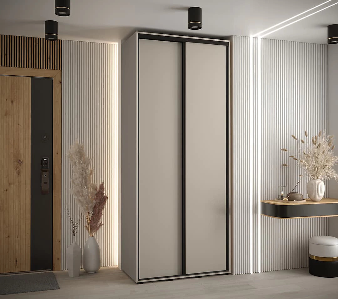 Dakota I Sleek Cashmere & Black Sliding Door Wardrobe with Two Hanging Rails and Six Shelves