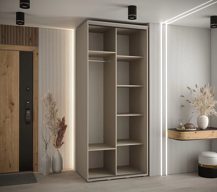 Dakota I Sleek Cashmere & Black Sliding Door Wardrobe with Two Hanging Rails and Six Shelves