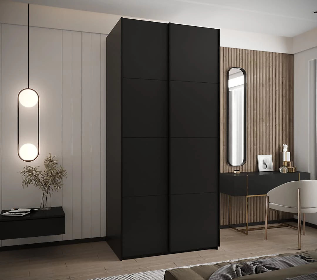 Compact Trosa I Black Sliding Door Wardrobe with Black Steel Handles