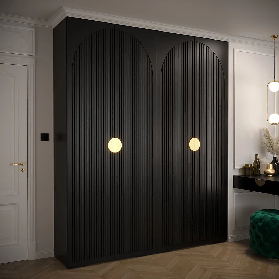 Sophisticated Manhattan I Hinged Door Wardrobe - Classic Black, Gold Handles, Customisable Storage