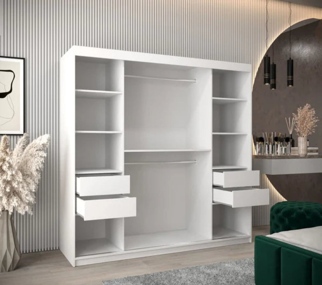 Rena I Sliding Door Wardrobe with hanging rails and shelves - White Matt