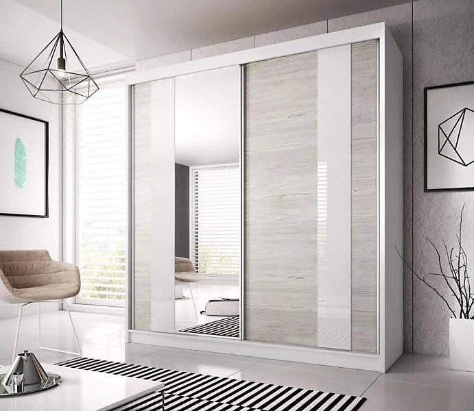 Elegant White Matt Multi Sliding Door Wardrobe - Kathult Oak & White Gloss Front