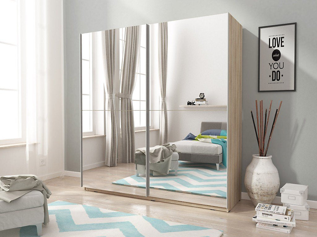 Mika 3 Contemporary Mirrored Wardrobe 8 Shelves 1 Long Rail 2 Sliding Doors Oak Effect