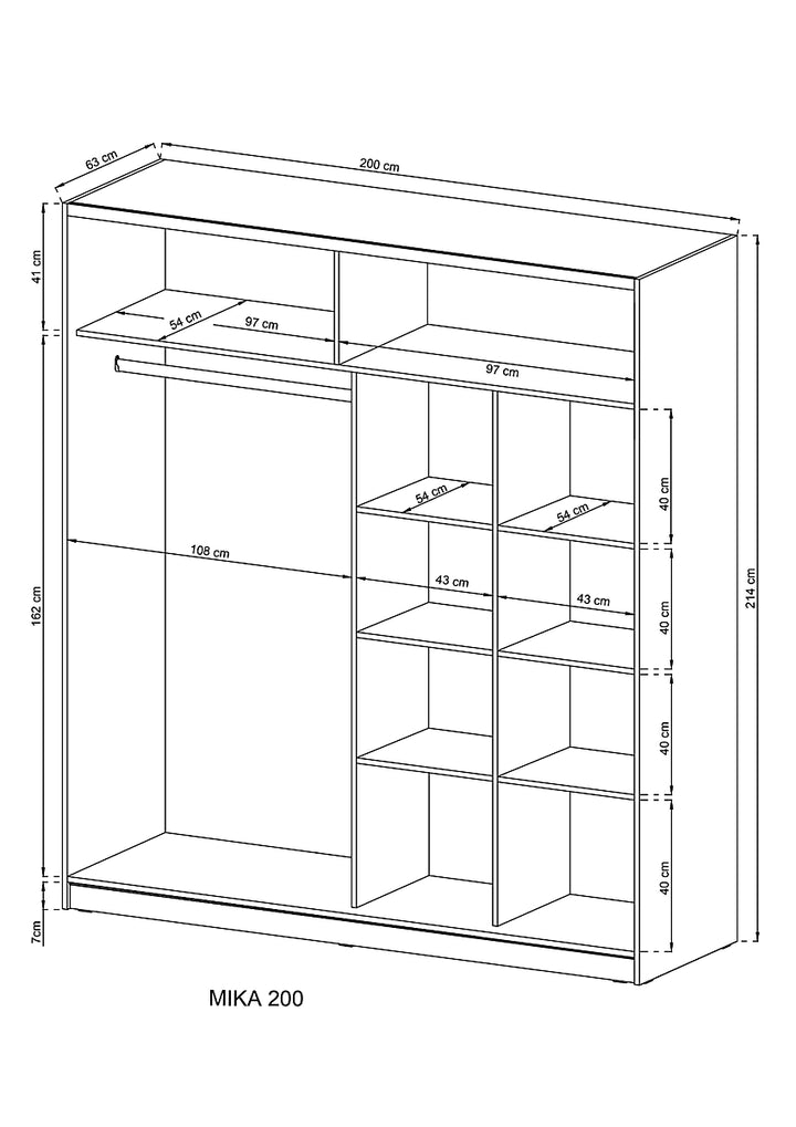 Mika 3 Contemporary Mirrored Wardrobe 8 Shelves 1 Long Rail 2 Sliding Doors Oak Effect