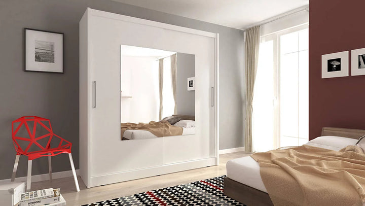 Wiki IX Contemporary Wardrobe Mirrored 8 Shelves 1 Long Rail 2 Sliding Doors White Matt