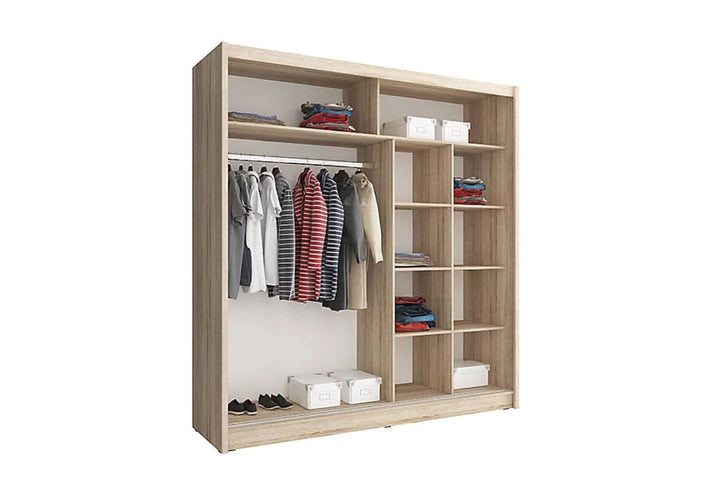 Wiki IX Contemporary Wardrobe Mirrored 8 Shelves 1 Long Rail 2 Sliding Doors White Matt