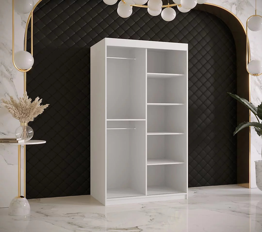 Ramiro II Contemporary 2 Sliding Door Wardrobe 5 Shelves 2 Rails White Matt 100cm