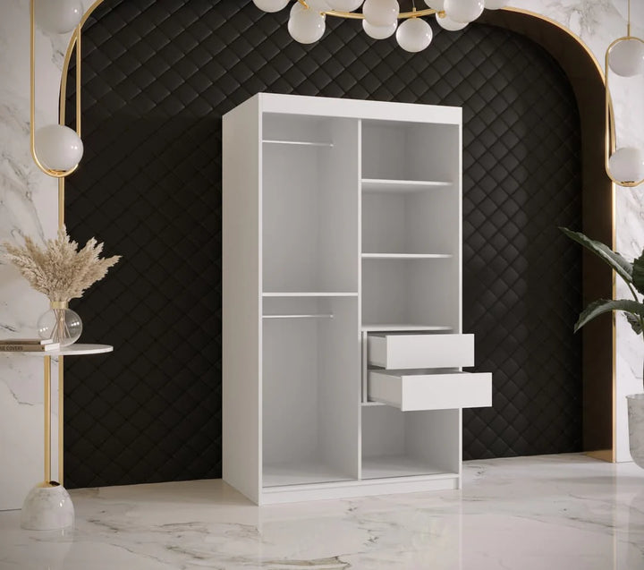 Ramiro II Contemporary 2 Sliding Door Wardrobe 5 Shelves 2 Rails White Matt 100cm
