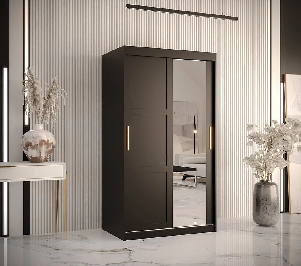 Black wardrobe with mirrored doors in a room with decorative elements.