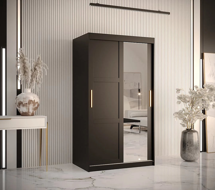Black wardrobe with mirrored doors in a room with decorative elements.