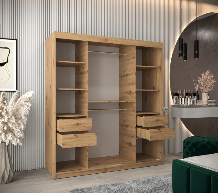 Tokyo 01 Contemporary Mirrored 2 Sliding Door Wardrobe 9 Shelves 2 Rails Oak Artisan Effect 180cm