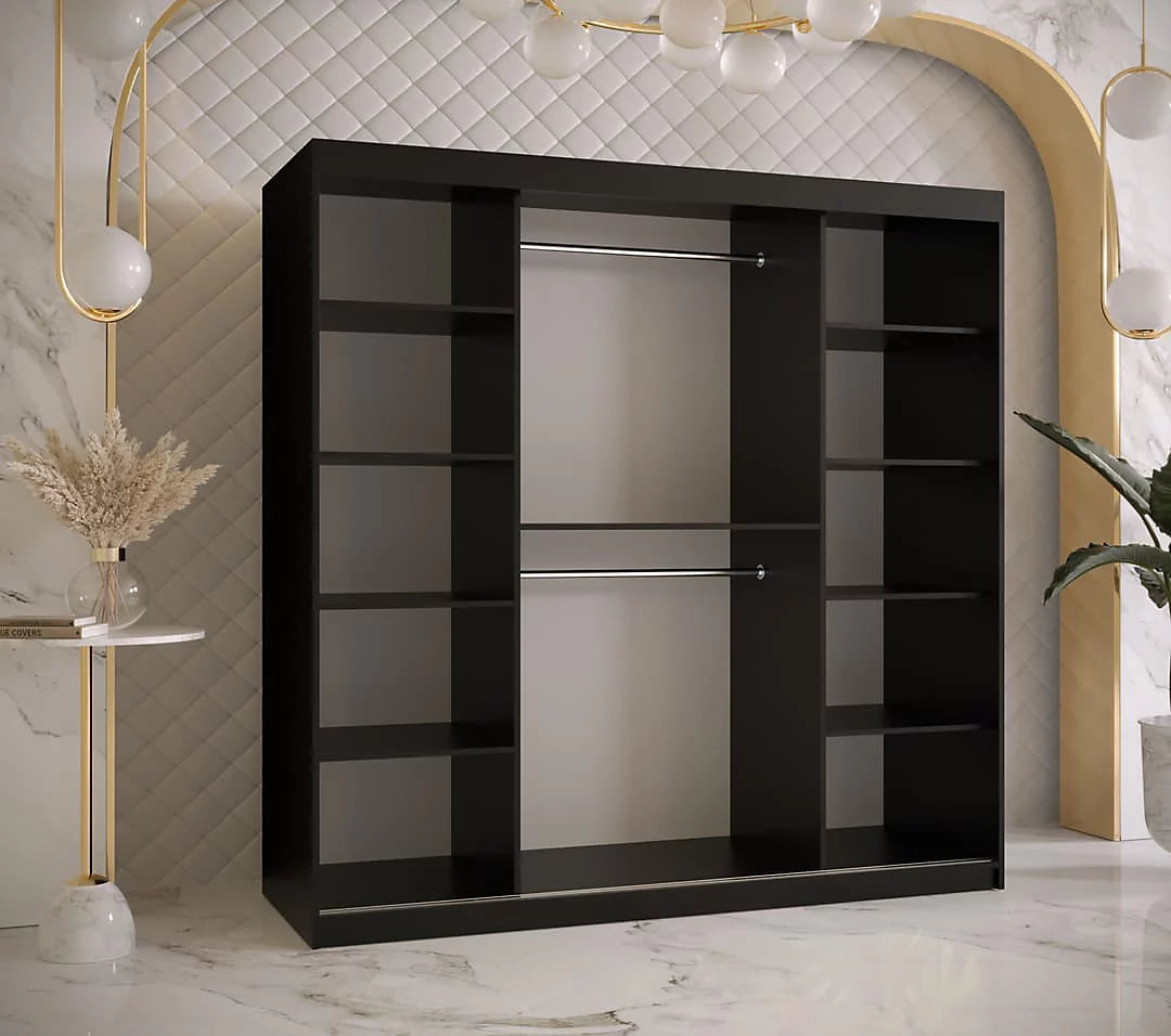 Ramiro II Contemporary 2 Sliding Door Wardrobe 9 Shelves 2 Rails Black Matt