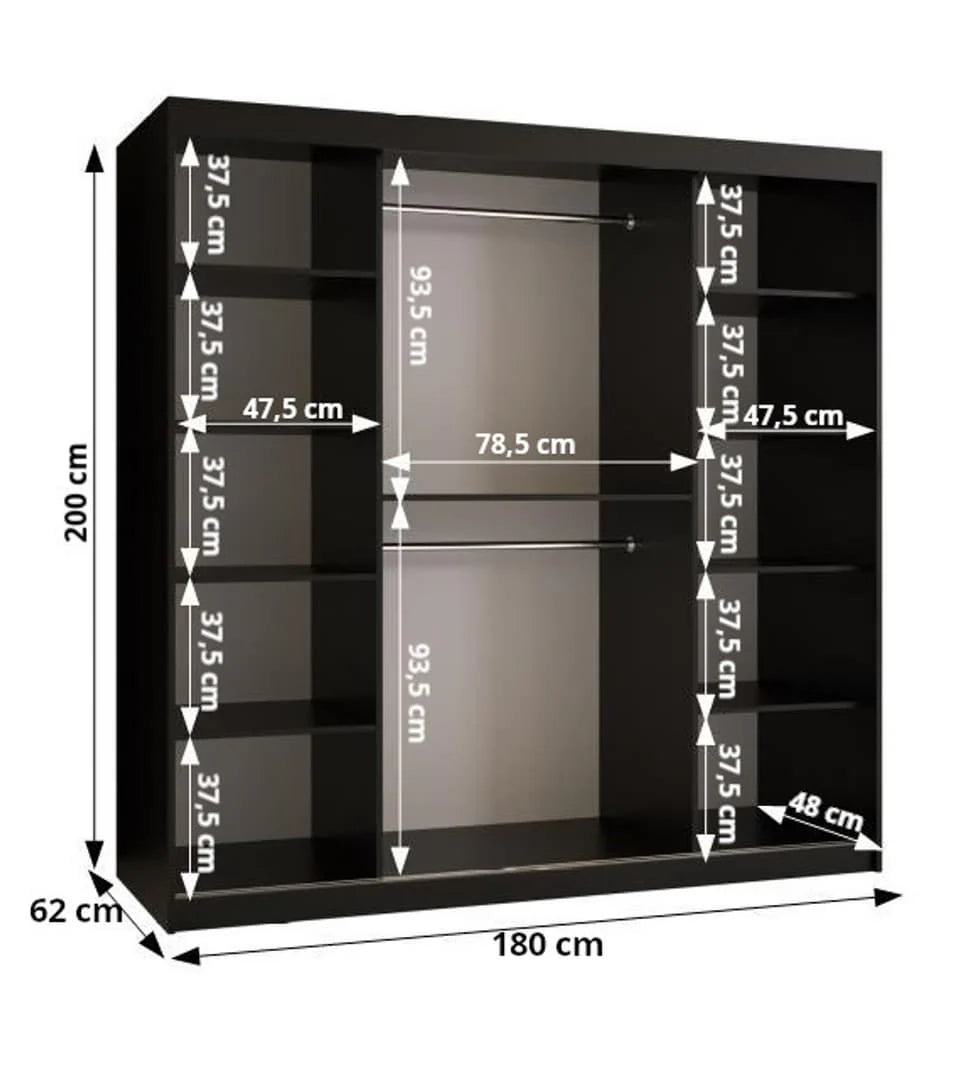 Ramiro II Contemporary 2 Sliding Door Wardrobe 9 Shelves 2 Rails Black Matt