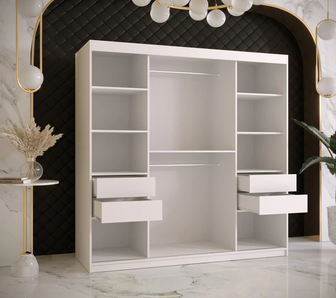 Ramiro II Contemporary 2 Sliding Door Wardrobe 9 Shelves 2 Rails White Matt 180cm