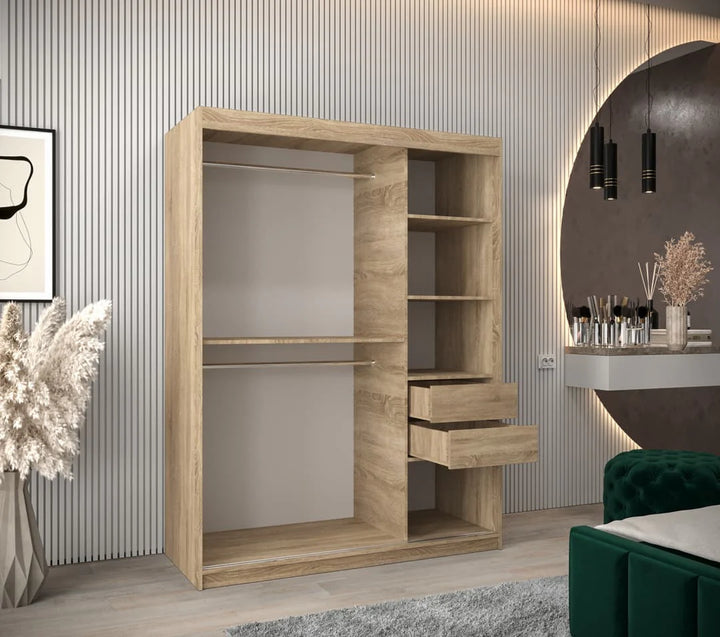 Tokyo 03 Contemporary Mirrored 2 Sliding Door Wardrobe 5 Shelves 2 Rails Oak Sonoma Effect 150cm