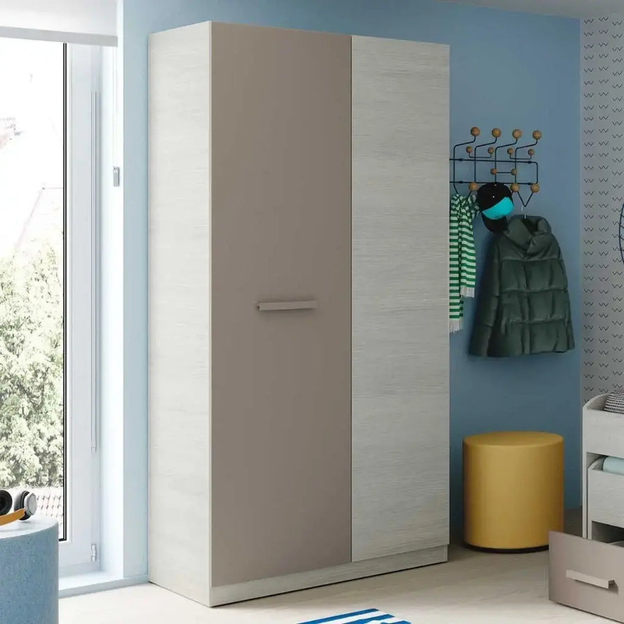White and gray wardrobe in a room with a blue wall and yellow stool.
