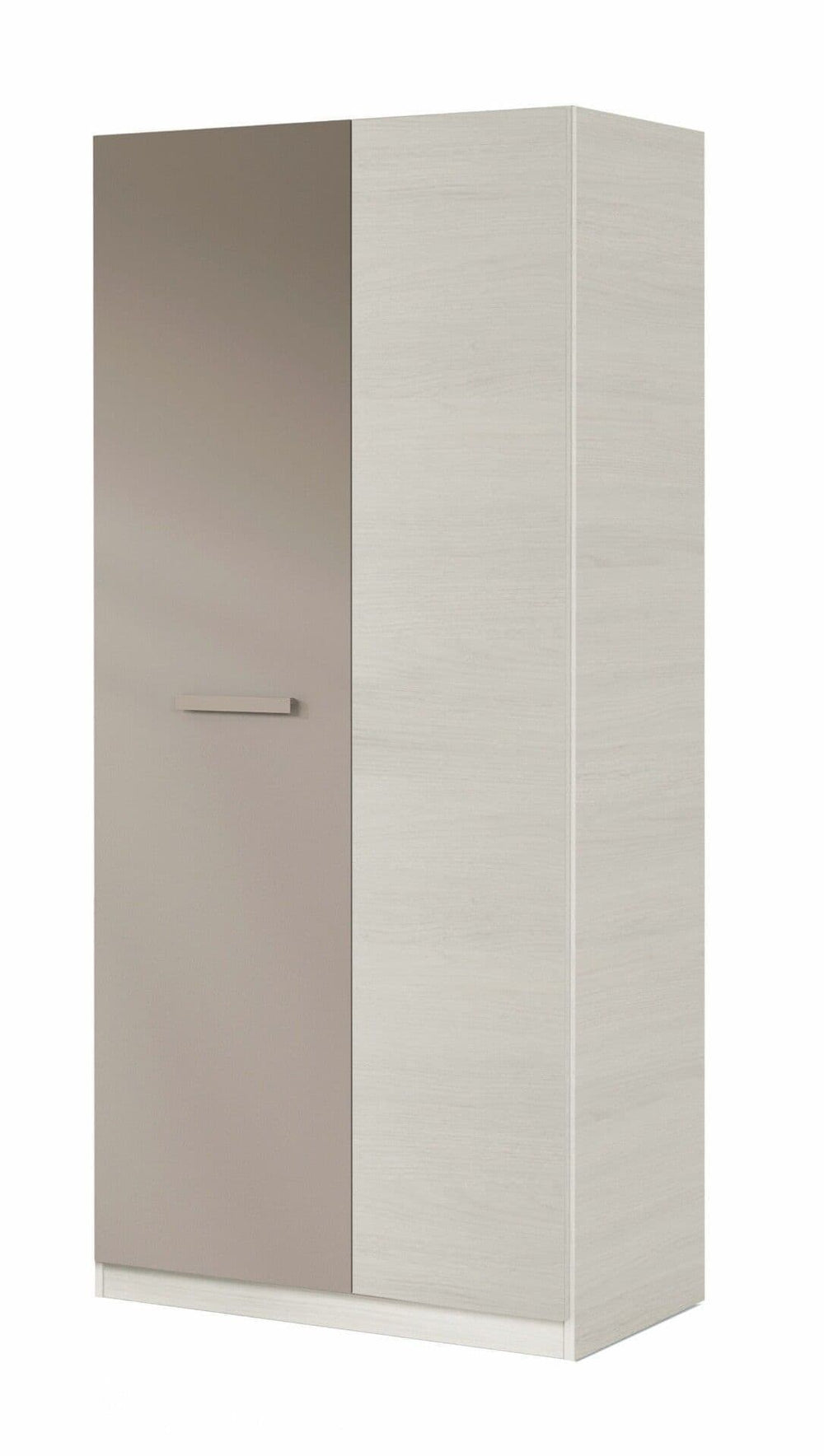 Tall white wardrobe with a beige door on a white background