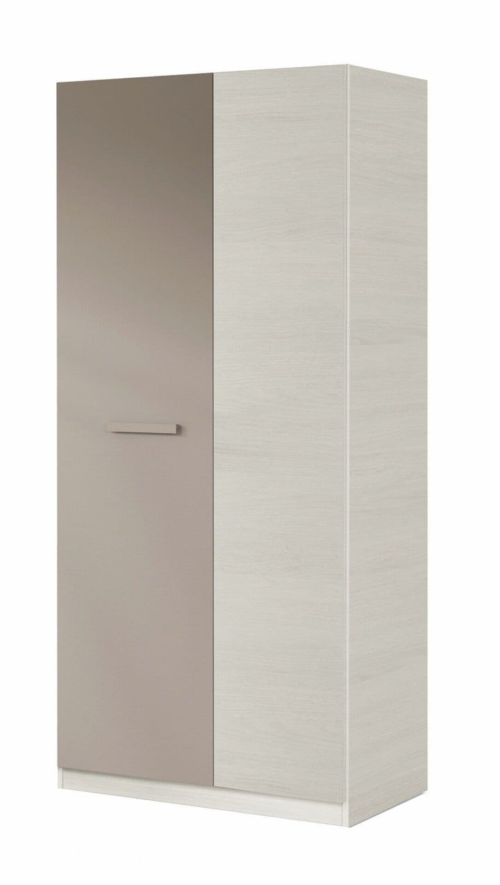 Tall white wardrobe with a beige door on a white background