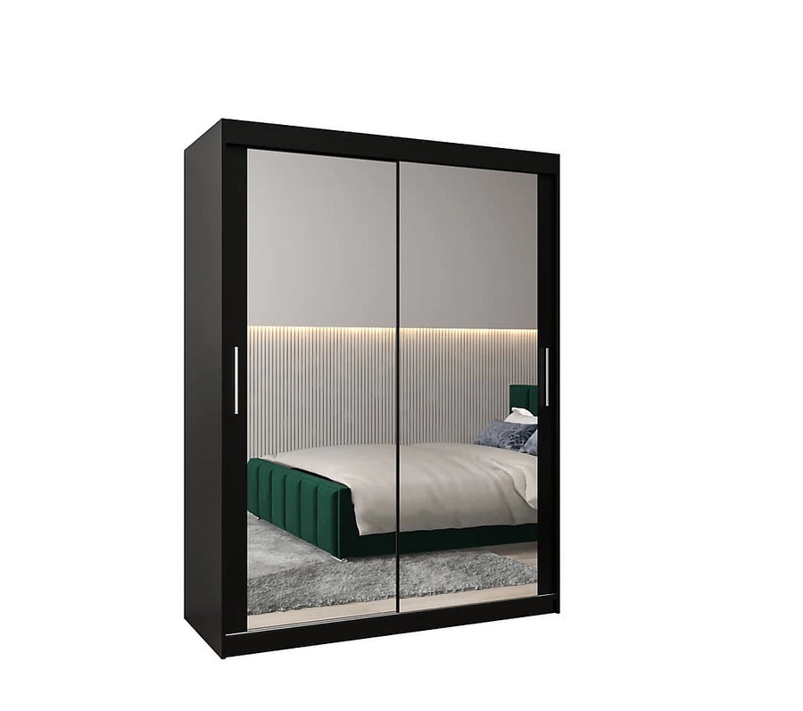 Tokyo 03 Contemporary Mirrored 2 Sliding Door Wardrobe 5 Shelves 2 Rails Black Matt