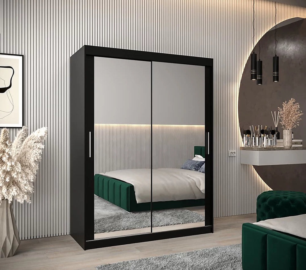Tokyo 03 Contemporary Mirrored 2 Sliding Door Wardrobe 5 Shelves 2 Rails Black Matt