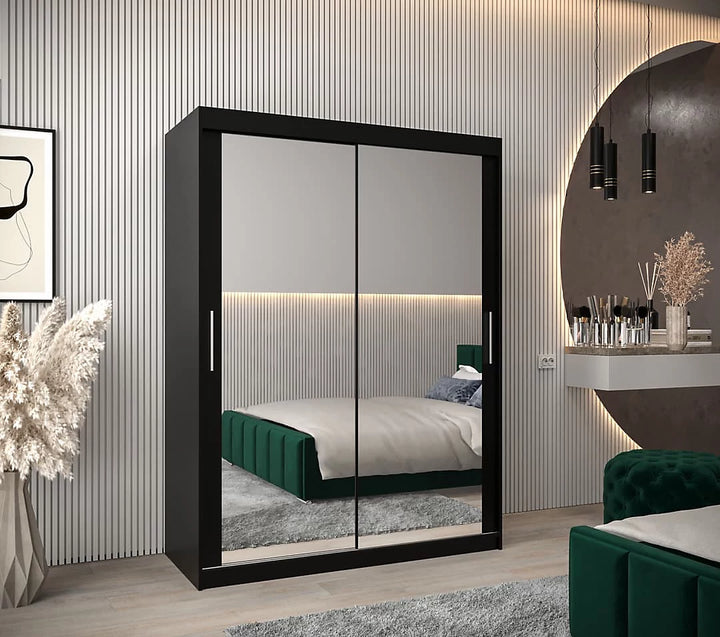 Tokyo 03 Contemporary Mirrored 2 Sliding Door Wardrobe 5 Shelves 2 Rails Black Matt
