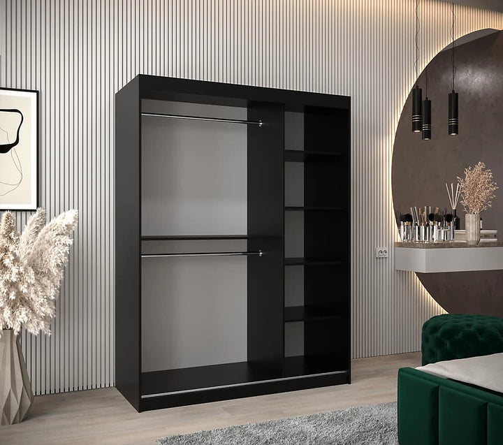 Tokyo 03 Contemporary Mirrored 2 Sliding Door Wardrobe 5 Shelves 2 Rails Black Matt 150cm