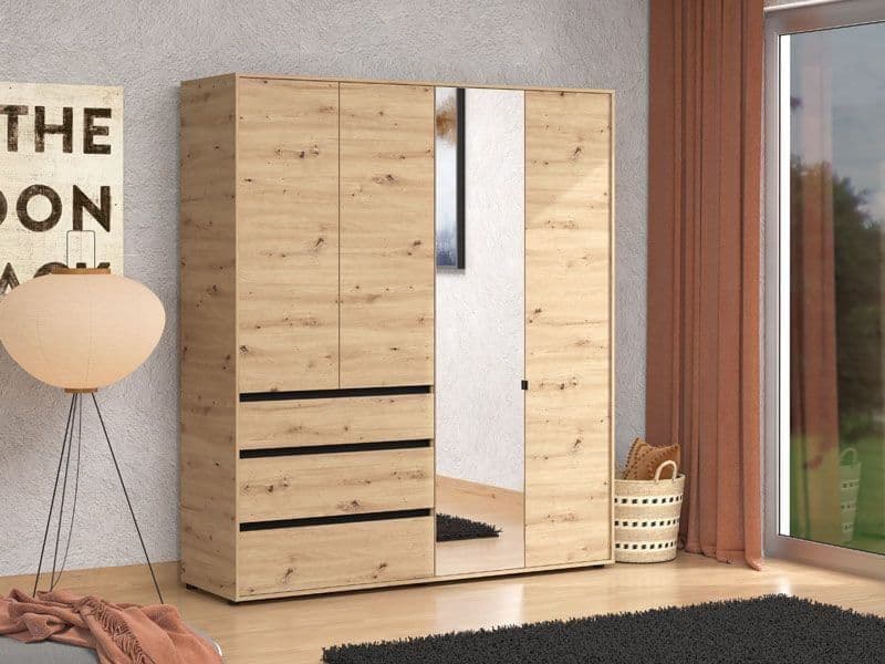 Wooden wardrobe with mirror doors in a room with a lamp and window.