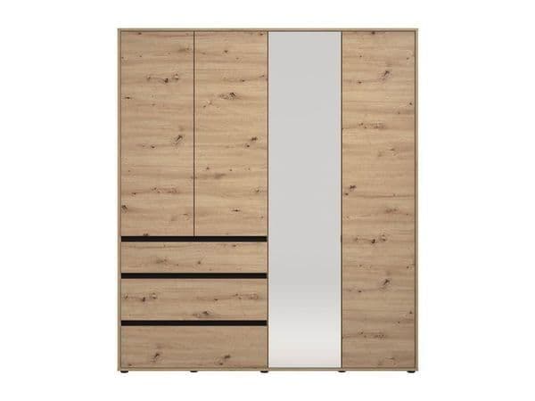 Wooden wardrobe with a mirror panel on a white background