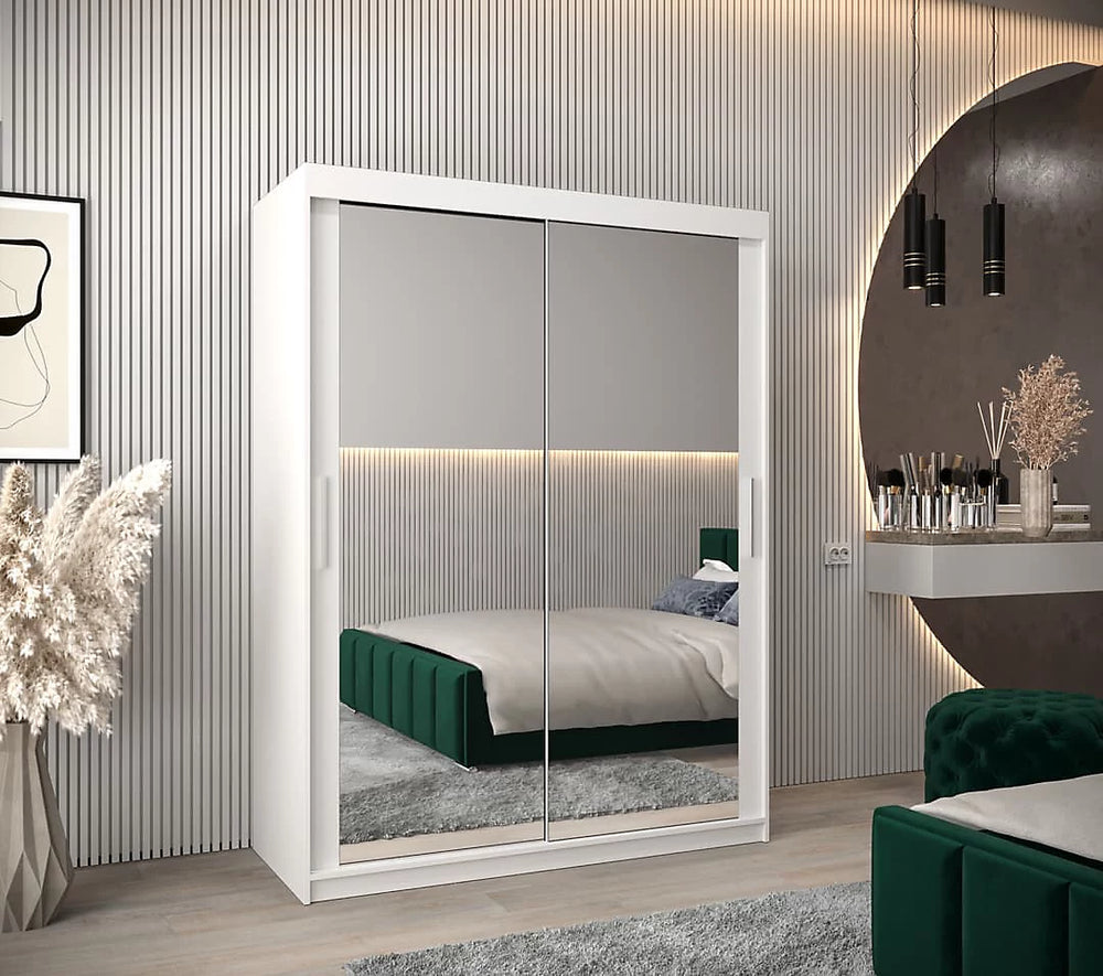 Tokyo 03 Contemporary Mirrored 2 Sliding Door Wardrobe 5 Shelves 2 Rails White Matt