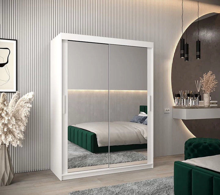 Tokyo 03 Contemporary Mirrored 2 Sliding Door Wardrobe 5 Shelves 2 Rails White Matt