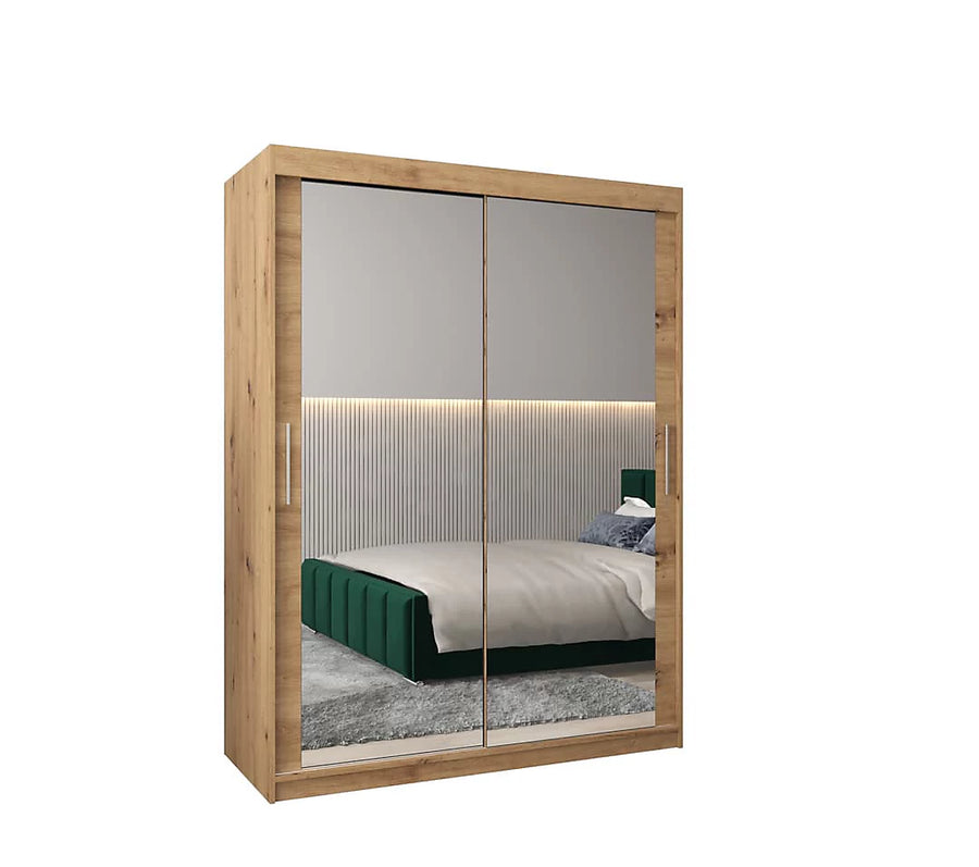 Tokyo 03 Contemporary Mirrored 2 Sliding Door Wardrobe 5 Shelves 2 Rails Oak Artisan Effect