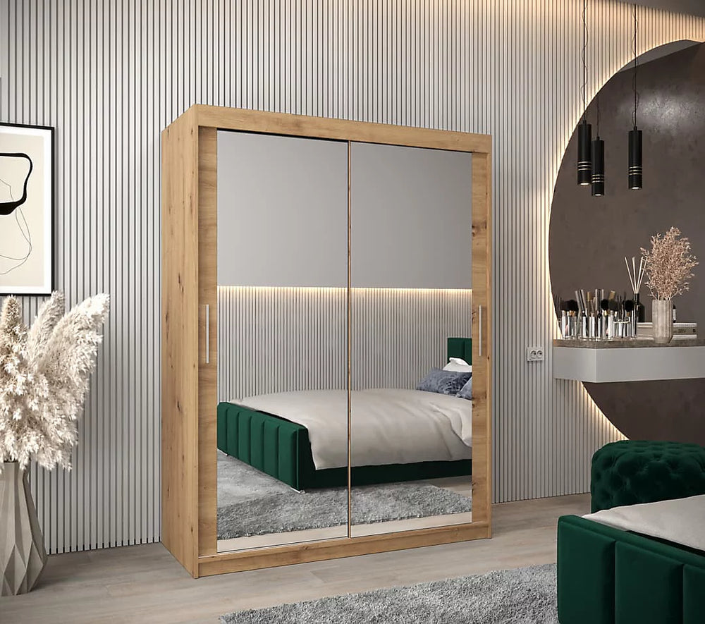 Tokyo 03 Contemporary Mirrored 2 Sliding Door Wardrobe 5 Shelves 2 Rails Oak Artisan Effect