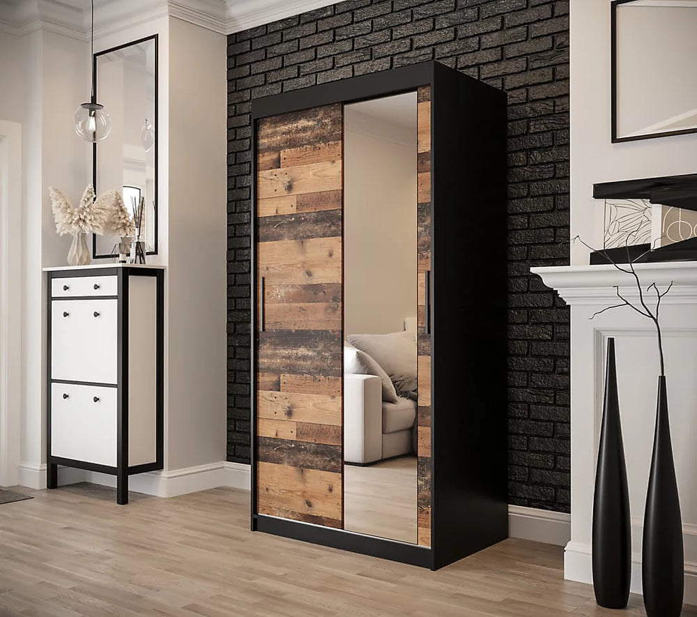 Tilburg 2 Contemporary 2 Mirrored Sliding Door Wardrobe 5 Shelves 2 Rails Dark Oak Effect & Black