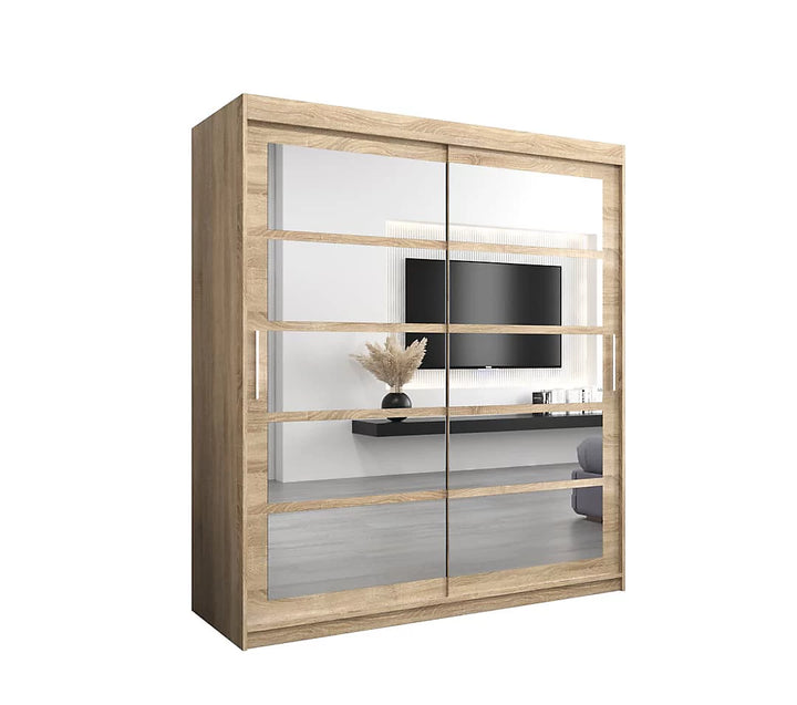 Roma II Oak Sonoma Stylish Sliding Door Wardrobe with Mirrored Panels and Silver Handles